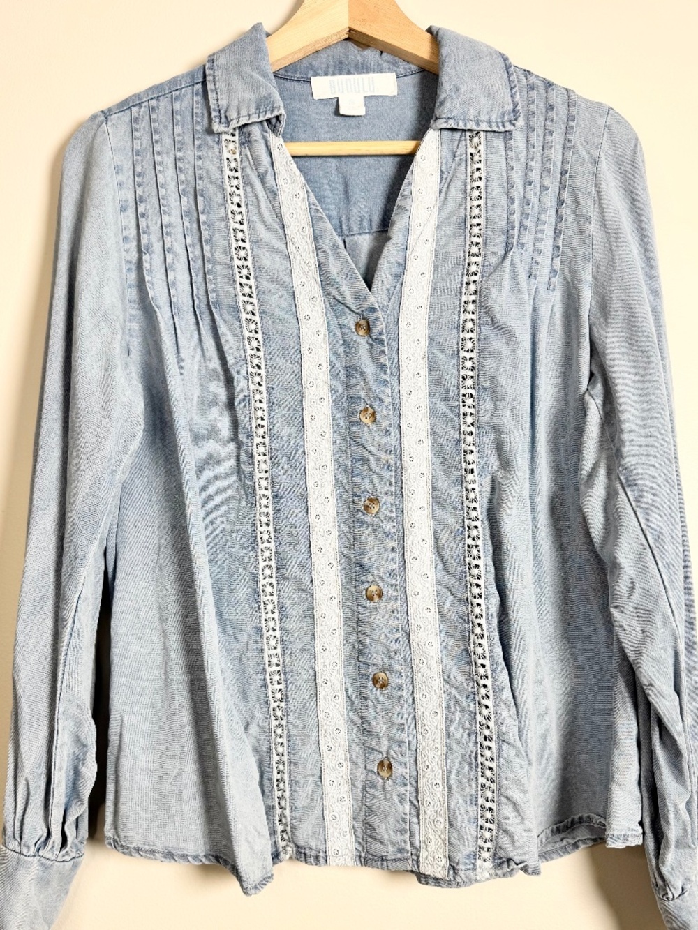 Bunulu Blue Tencel Denim Pintuck Lace Button Down Western Shirt Sz Small